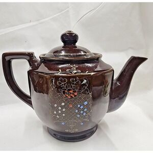 VTG Brown Betty Redware Teapot Moriage Enamel Hand Painted Made in Japan 6.5" H